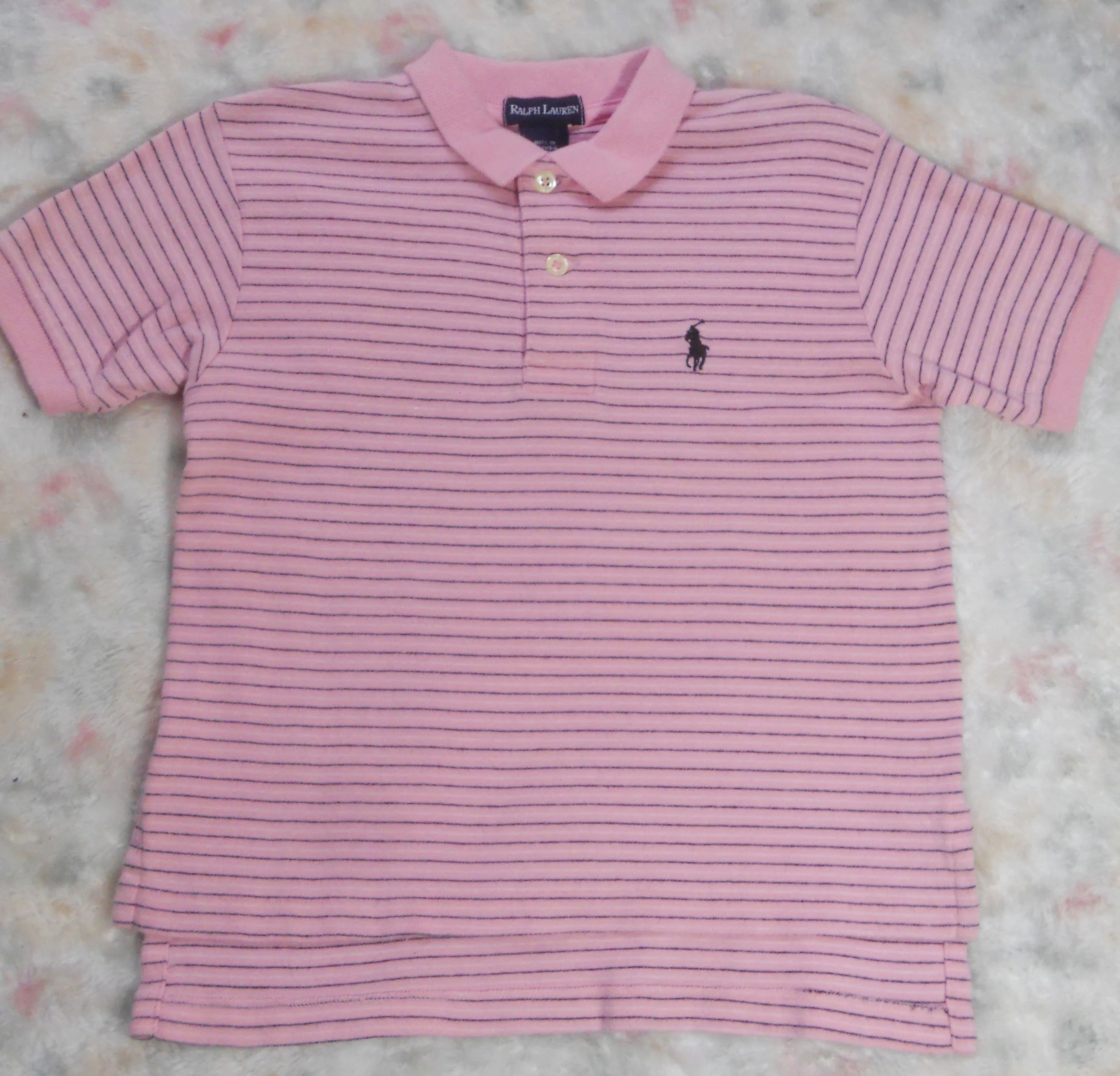 Tops: Vintage Ralph Lauren Short Sleeved POLO Shirt-Pink w/Navy striped All  cotton Girl Top 6-6X