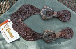 NWT Cashel Adult size Tooled Leather Spur straps Dark Brown with Guns & Roses Buckles/Keepers 