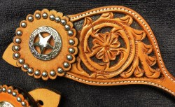 Western Adult size Tooled Leather Spur Straps Saddle Tan with Texas Star