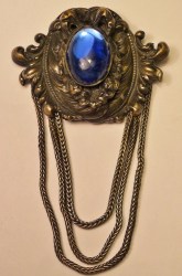 Vintage BAROQUE Blue Cabochon BROOCH Funky Blue Oval Dress PIN Hanging Chains Hinged Dress Clip