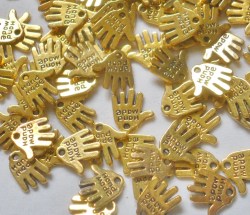 Quantity 80 –Little  Hand Charms saying "Hand Made"  13mm X 12mm Goldtone metal Alloy Charm