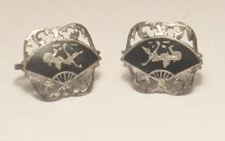 Vintage 1930’s STERLING Silver 925 SIAM FAN Earrings Niello Screw Back Posts Mekkala Nielloware    3/4" x 3/4"