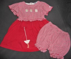 Vintage ABSORBA Little Chickies 2 PC Dress & Bloomer Set--Red/White Striped 100% Cotton Knit Baby Girls 12M