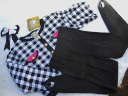 NOS Vintage USA Thia B  3 Piece Stirrup Pant SET- Black Pants Checked Jacket-matching Bow Girls 10/12