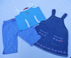 Vintage ESPRIT 3 Piece Summer Set- Denim Sundress/Jumper--2 Pc knit cotton Capri Set Baby Girls 12M