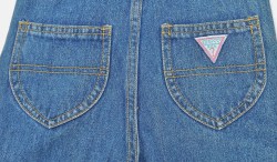 Vintage Iconic GUESS USA Blue Denim Jean Overalls-Bib pants Buckled w/Guess ? LOGO Rivet Buttons-Snap Crotch-Unisex Baby 18mos