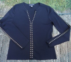 Vintage Cable & Gauge Black Pullover Sweater LS V-Neck with Brass Metal Eyelets Tight Knit Womens L