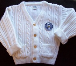 Vntage QUILTEX Cable knit CARDIGAN Sweater Pockets--White w/Golden Anchor Buttons Boys 4