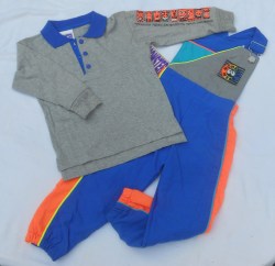 Vintage USA NOS Monsterwear 2 Pc Bib Overall Set-NEON Orange Raised Graphics Tikis down Arm--Electric Blue-Gray--Toddlers 3T