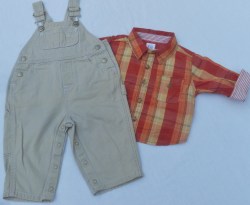 Vintage Baby Gap 2 PC Tan Bib Overalls & Plaid Button Down Shirt Bear Logo Snap legs Buckles 6-12 Mos