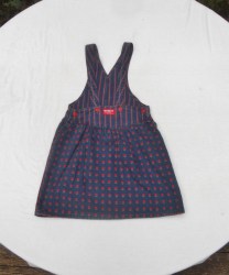 Vintage 80s USA OshKosh B’Gosh Denim Dress/Strapped bib Skirt- Reverse print Navy w/Red Baby Roses/Stripes 100% Cotton Girls 6X