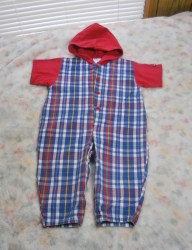 Vintage Osh Kosh B'Gosh Plaid Jumpsuit Hoodie Red Blue & White Madras-Tapered/Snapped Legs Baby 18 Mos