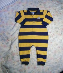 Vintage Osh Kosh B'Gosh JAILHOUSE Stripe Jumpsuit Navy & Yellow Knit Cotton Snap Legs Baby 18 Mos