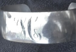 Estate Vintage Pewter 1" CUFF Minimalist BRACELET Engraved w/ Fancy Initial H-- Open back