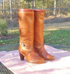 Vintage Zodiac USA 13” TALL Leather Western Diva Boots Carmel Crossover Buckle Strap Womens 6.5M