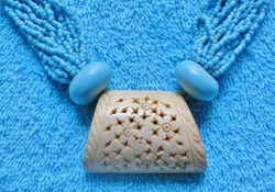 Vintage 20 Strand Turquoise blue tiny Bead NECKLACE Handmade Carved Bone & Wooden Beads-27"