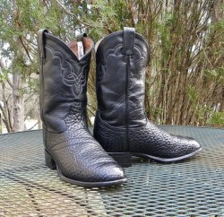 Vintage Tony Lama BULLHIDE Leather Western Roper Boots Black Leather-- Pegged Soles Mens size 7.5D