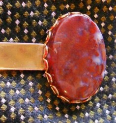 Vintage natural JASPER AGATE Western Tie Bar Clip-- Oval Handmade scalloped setting Clasp