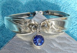 Vintage USA 1950-73 ROGERS Intl Silver 2 Spoon bangle Bracelet- Daffodil Pattern Silver Plate-Blue Bling Stone