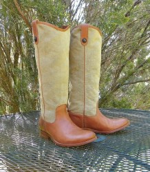 FRYE 15" Leather & Natural Canvas BOOTS Pull On Western Travelers Boots Womens 7B