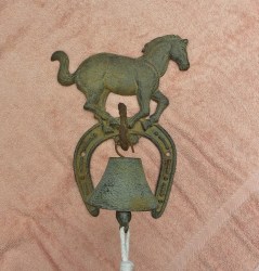 Vintage RUSTIC Cast Iron DINNER BELL --galloping Horse on a Horseshoe Wall mount