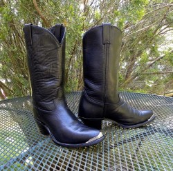 Vintage DOUBLE H (HH) Leather Western Boots Black w/ Toe Guards Rockabilly Stacked heels Womens 10M