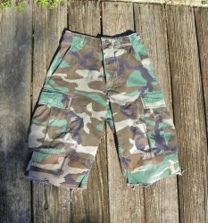 Vintage US Military Issue Camouflage Cargo CUTOFF SHORTS-Wonderfully Trashed Woodland Camo-- Waist 28.5 in