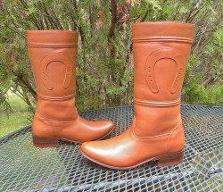 Vintage Mexico Moreno Romero Leather Western Boots Carmel Horseshoe pull on 12" Tall Womens 6.5