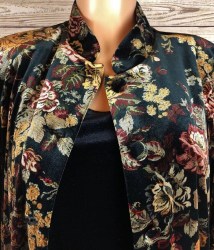 Vintage Coldwater Creek Velveteen Coat -Nehru Collar Black Floral Velvet Duster Womens Med - 40" Chest