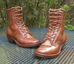 USA ALL Leather 7" PACKER Western Boots - Lite brown Lace Up Kiltie Round Toe Womens 7 White-Hathorn?