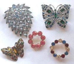 LOT of 5 VINTAGE Rhinestone Colored Glass PINS - 5 Multi-Colored Faceted Stone Brooches