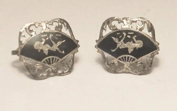 Vintage 1930&rsquo;s STERLING Silver 925 SIAM FAN Earrings Niello Screw Back Posts Mekkala Nielloware    3/4" x 3/4"