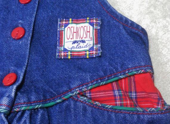 Vintage 80's USA OshKosh B&rsquo;Gosh Blue Denim Overalls Red Plaid Accents Tapered legs 100% Cotton Denim Girls 5
