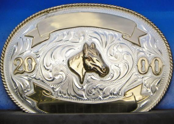 Vintage 2000 JUSTIN Mexico Silver WESTERN Trophy Buckle - Large Oval Etched Silver Buckl- Goldtone Horse head for 1.5" Belt