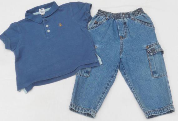 Vintage Baby Gap 2 PC CARGO Jean Pant Set--Polo Gap BEAR Logo Top-blue denim Jeans- 2T