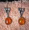Vintage Sterling Silver Pierced Drop EARRINGS--AMBER Cabochon Bezel Set- Bows Fishhook Wire Dangle