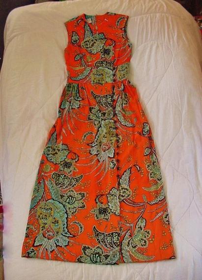 Vintage USA 1960's CIRETTE of California Long Dress Tangerine Orange Paisely Print Women Juniors XS