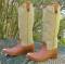 FRYE 15" Leather & Natural Canvas BOOTS Pull On Western Travelers Boots Womens 7B